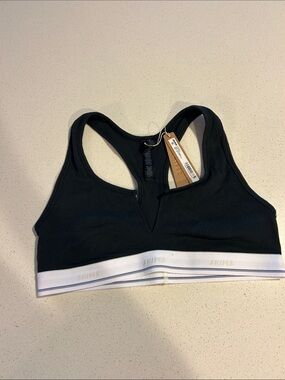 SKIMS Black Ribbed Racerback Sports Bra with White Band